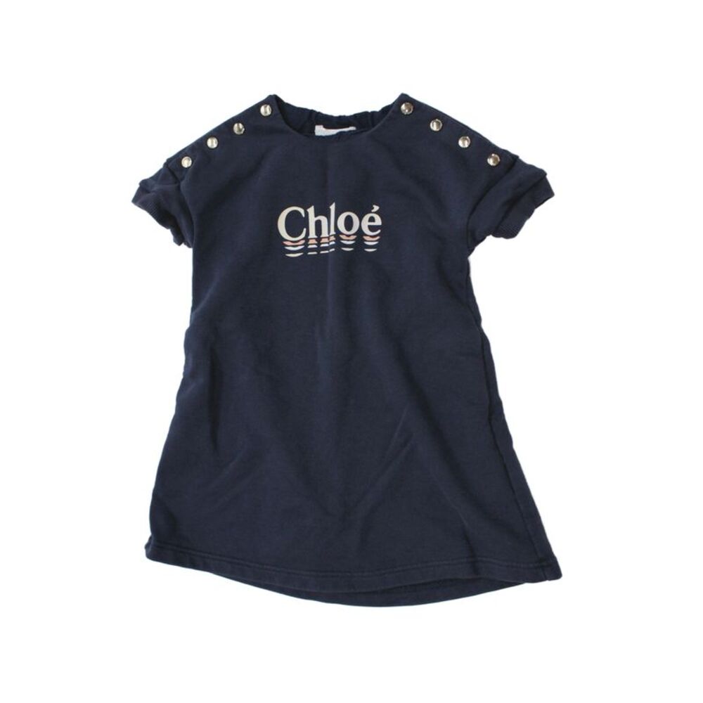 Chloe Girls Short Sleeve Crew Neck Knit Logo Dress Navy White Cotton Size 4